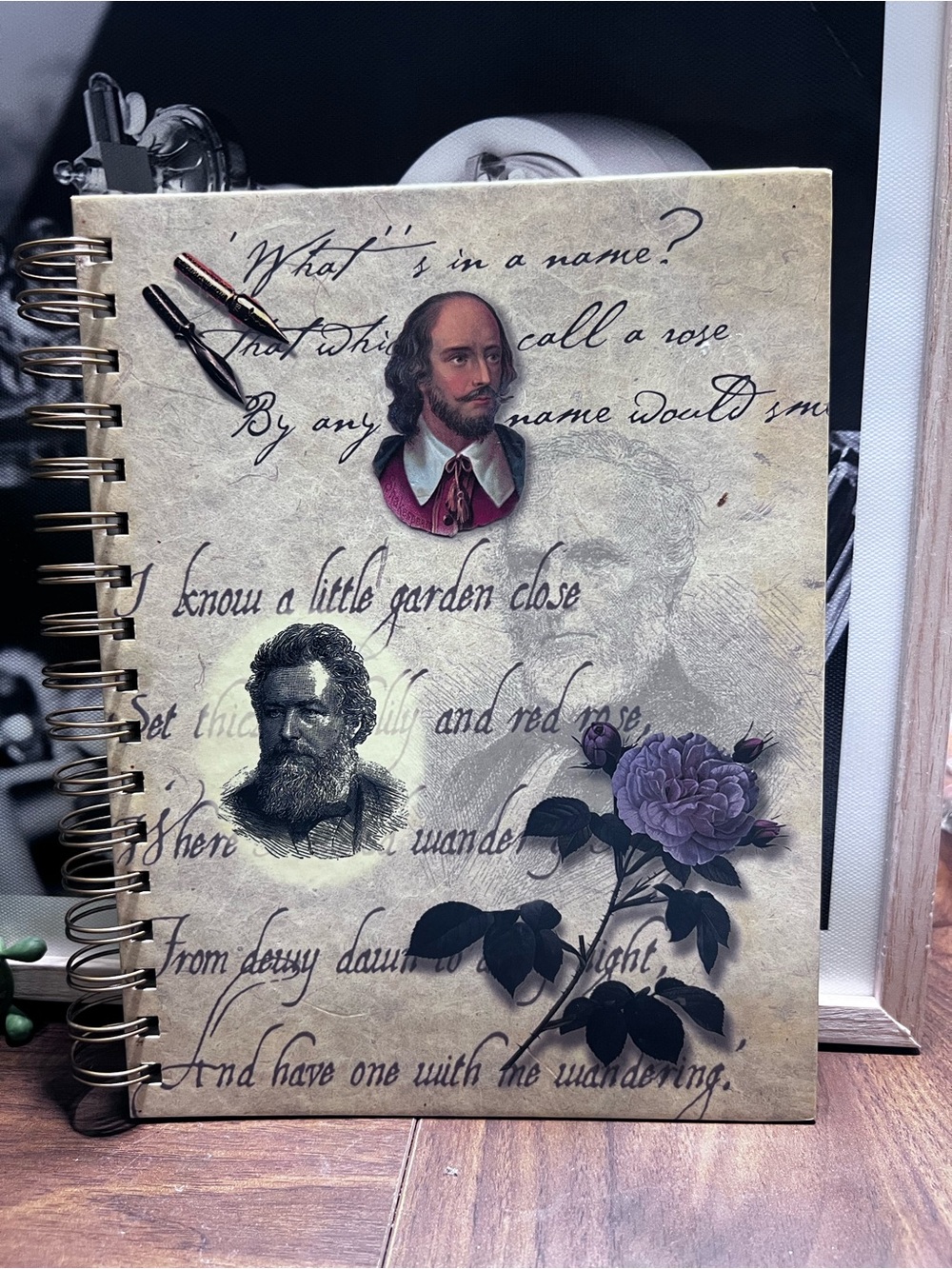 Vintage Script Spiral Journal Notebook - Cream with Purple Floral Accent